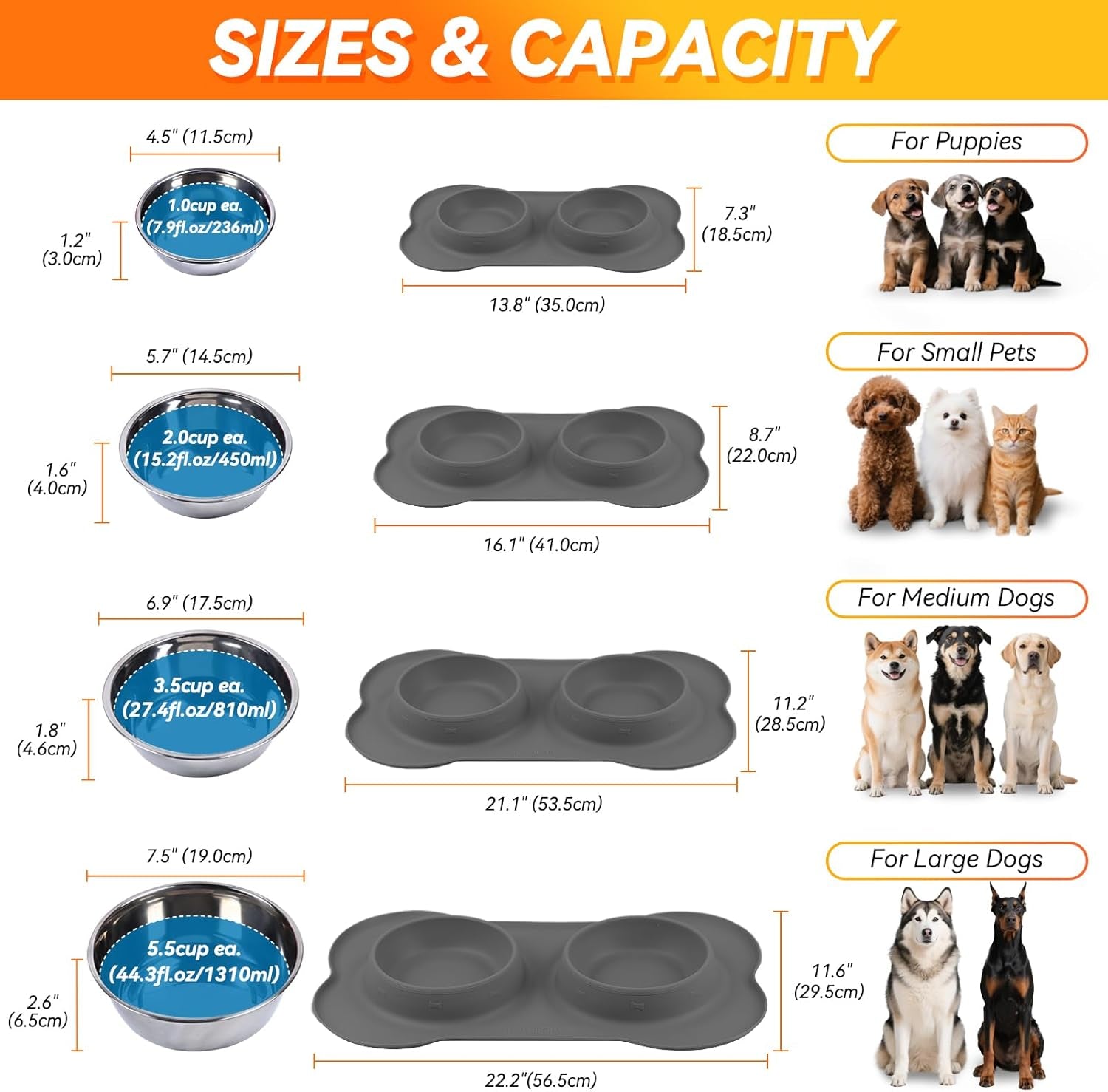 Dog Bowls with Non Spill Skid Resistant Silicone Mat