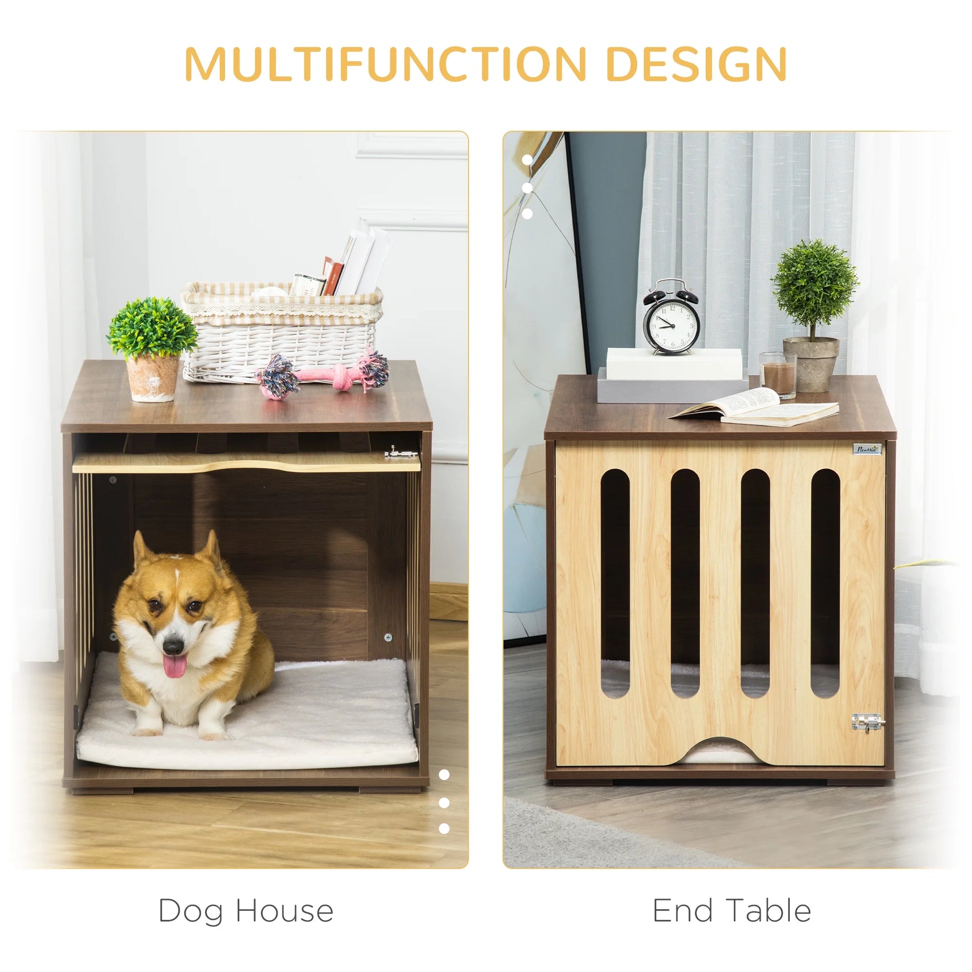 Dog Crate End Table with Soft Cushion for Small & Medium Dogs, Brown
