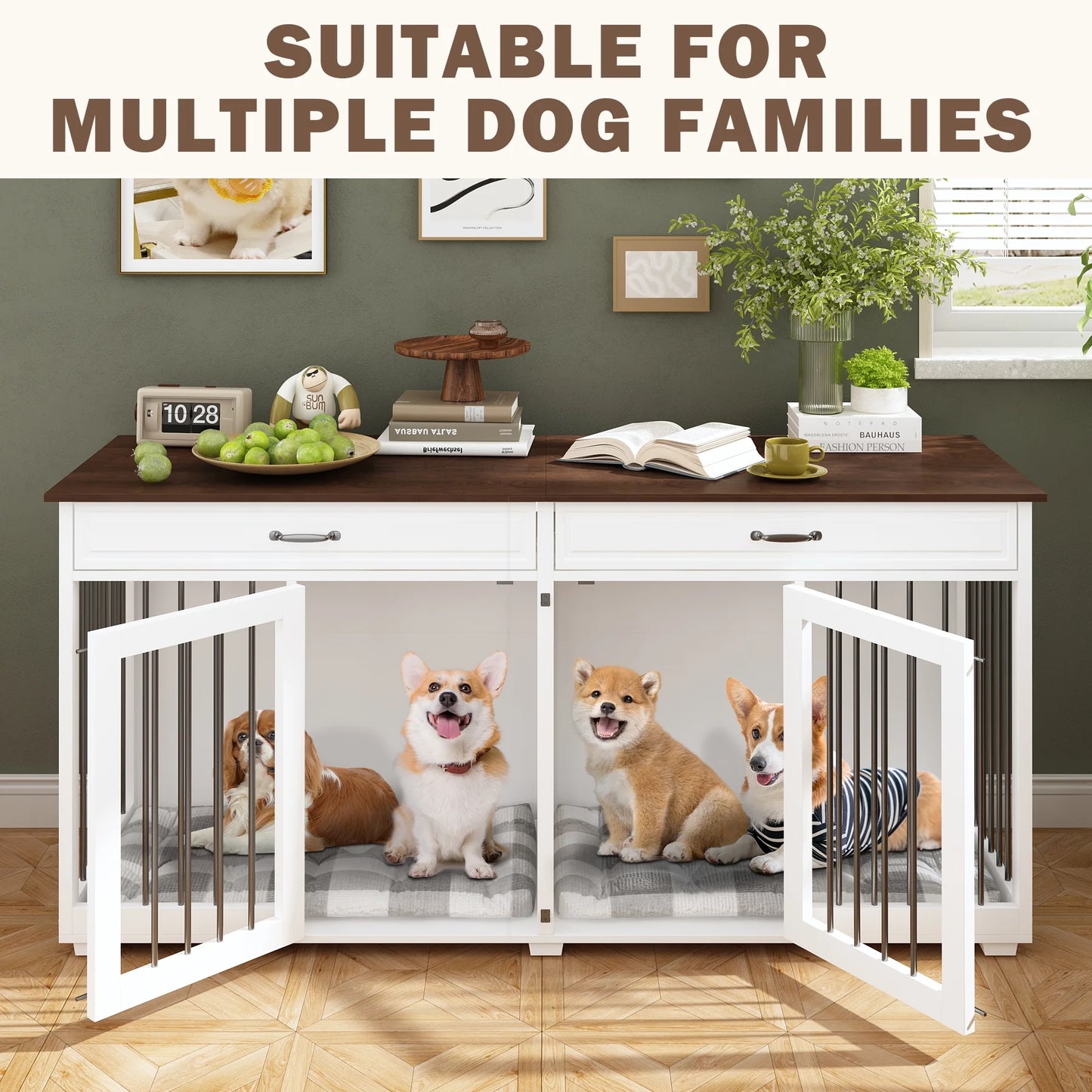 Large Double Dog Crate Furniture with Divider and 2 Drawers for 2 Dogs