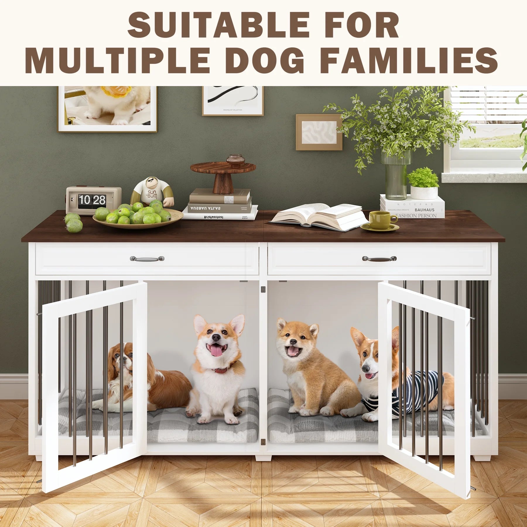 Large Double Dog Crate Furniture with Divider and 2 Drawers for 2 Dogs