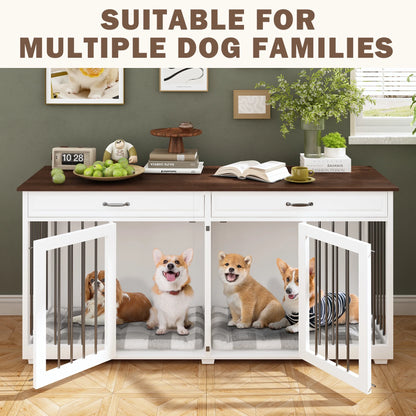 Large Double Dog Crate Furniture with Divider and 2 Drawers for 2 Dogs