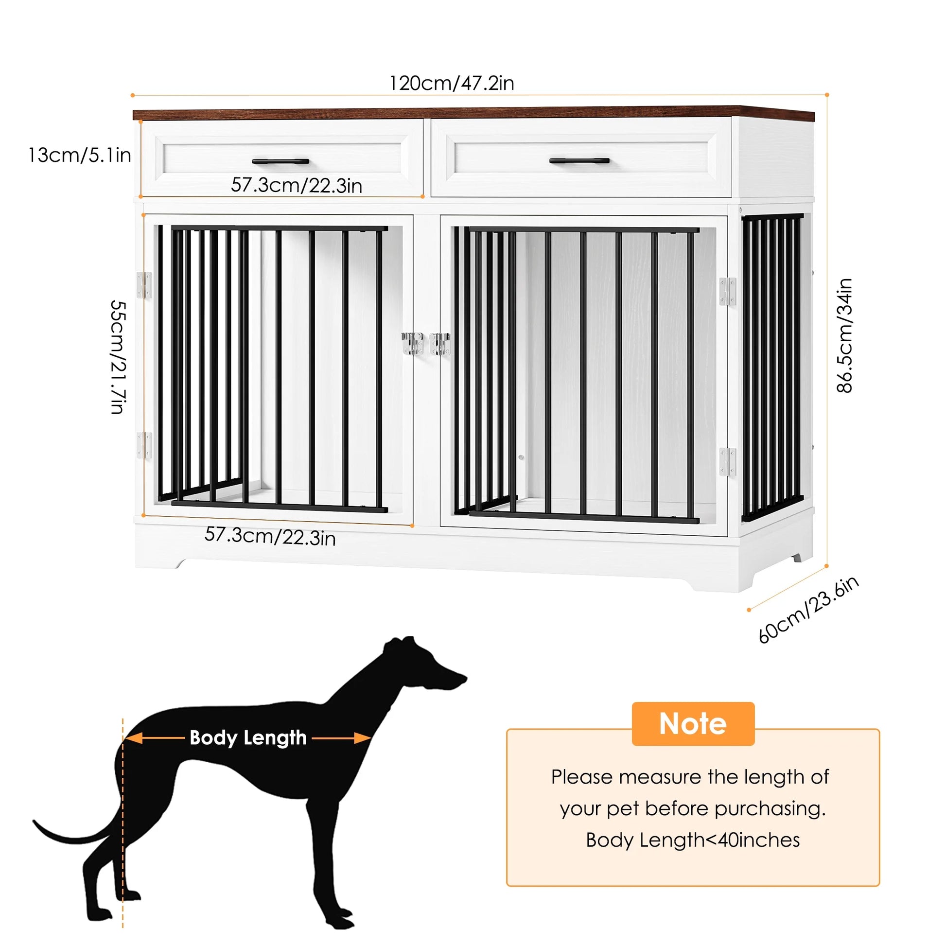 Dog Crate Furniture with 2 Drawers, 47.2 in Wooden Indoor Dog Cage Table with Divider, White