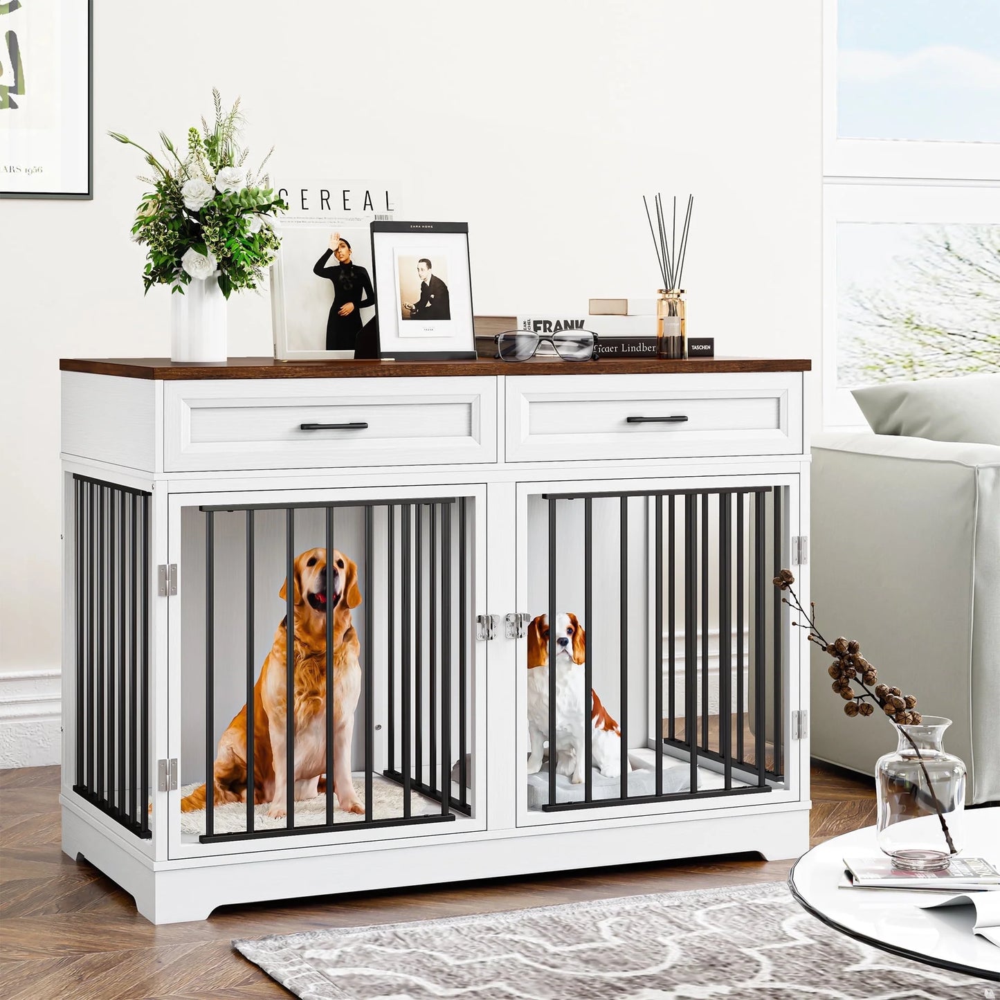 Dog Crate Furniture with 2 Drawers, 47.2 in Wooden Indoor Dog Cage Table with Divider, White