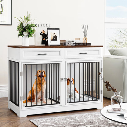 Dog Crate Furniture with 2 Drawers, 47.2 in Wooden Indoor Dog Cage Table with Divider, White