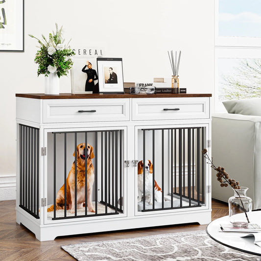 Dog Crate Furniture with 2 Drawers, 47.2 in Wooden Indoor Dog Cage Table with Divider, White