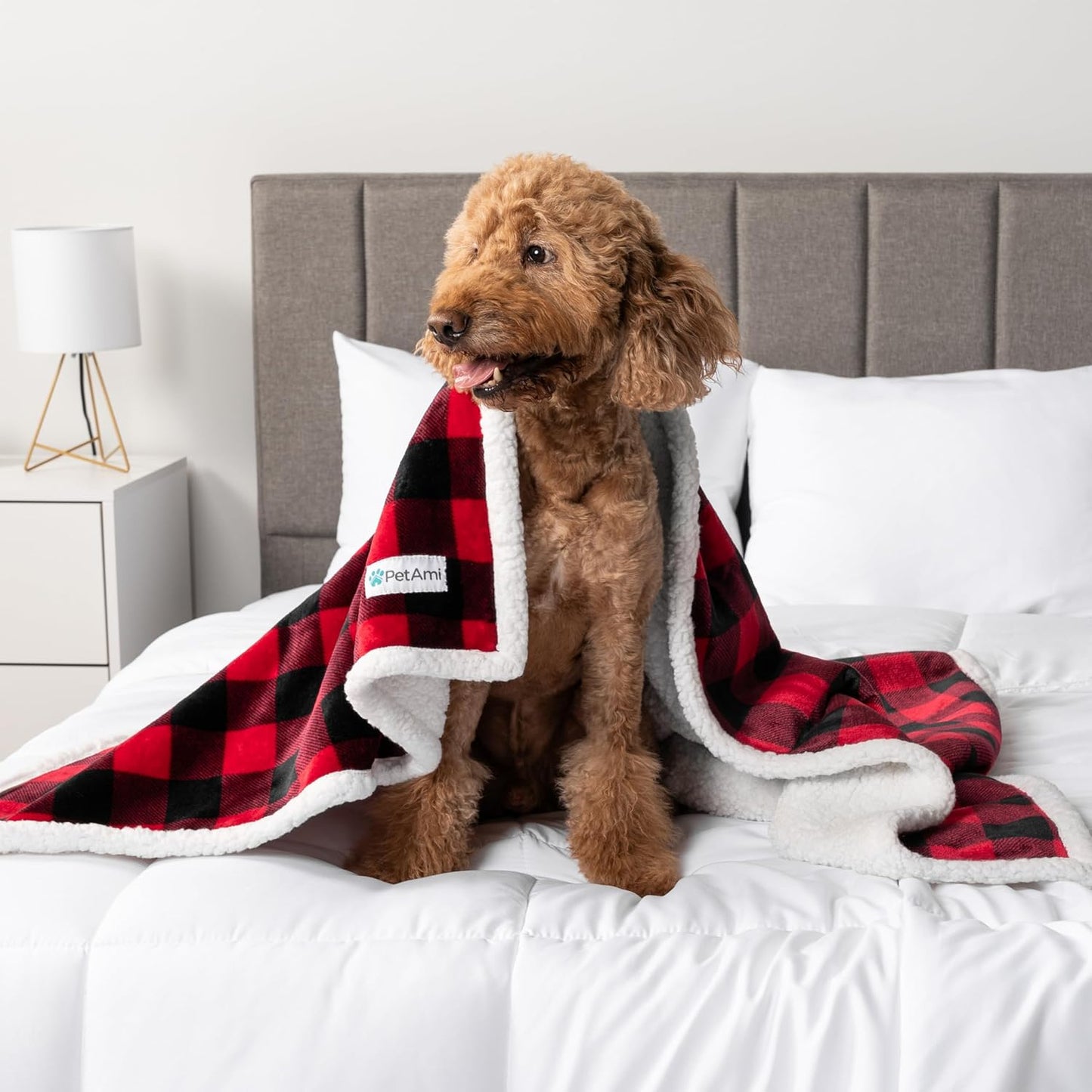Waterproof Dog Blanket for Medium Large XL Dog Sherpa Fleece, Reversible Soft Washable 80X60 Checker Plaid Red